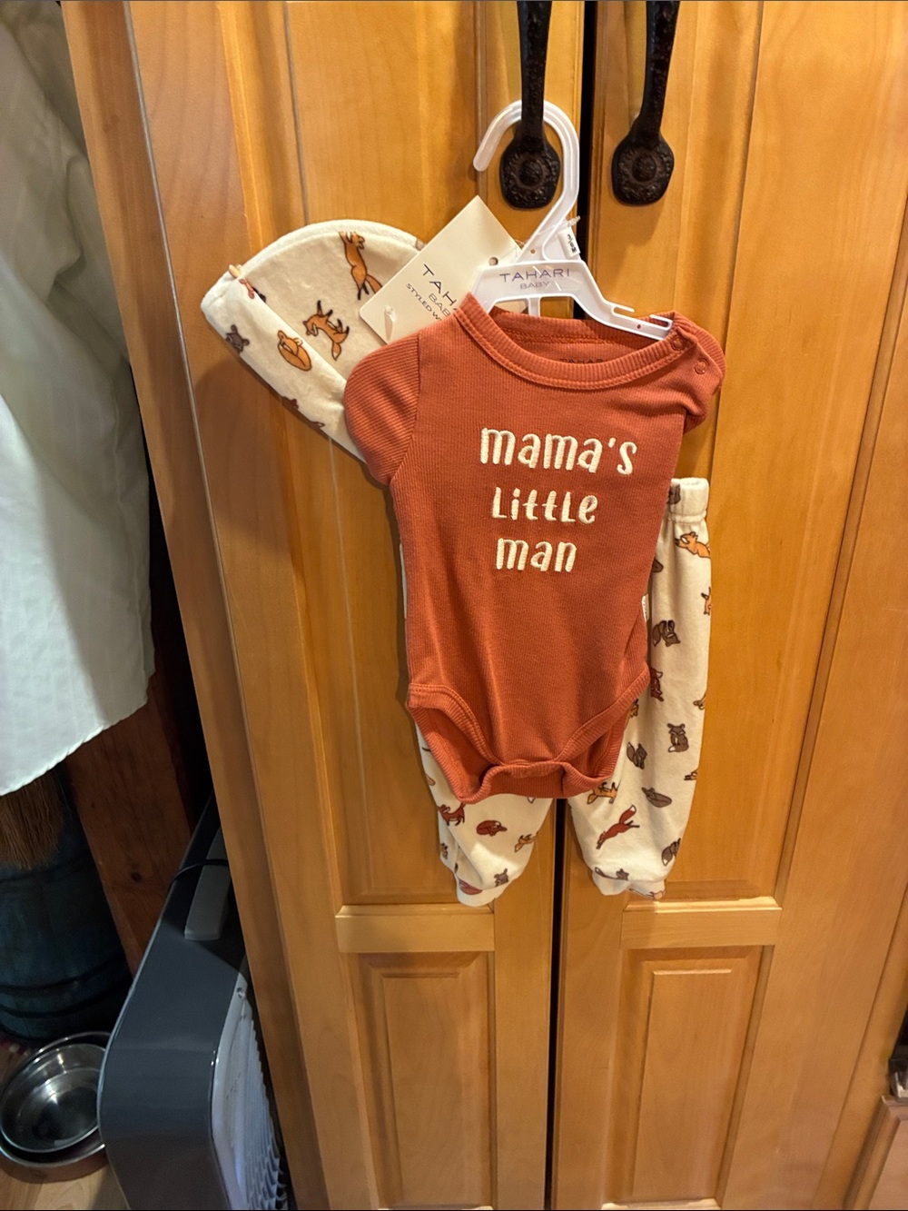 Tahari Rust Baby One-Piece with Cream Fox Print Pants & Hat